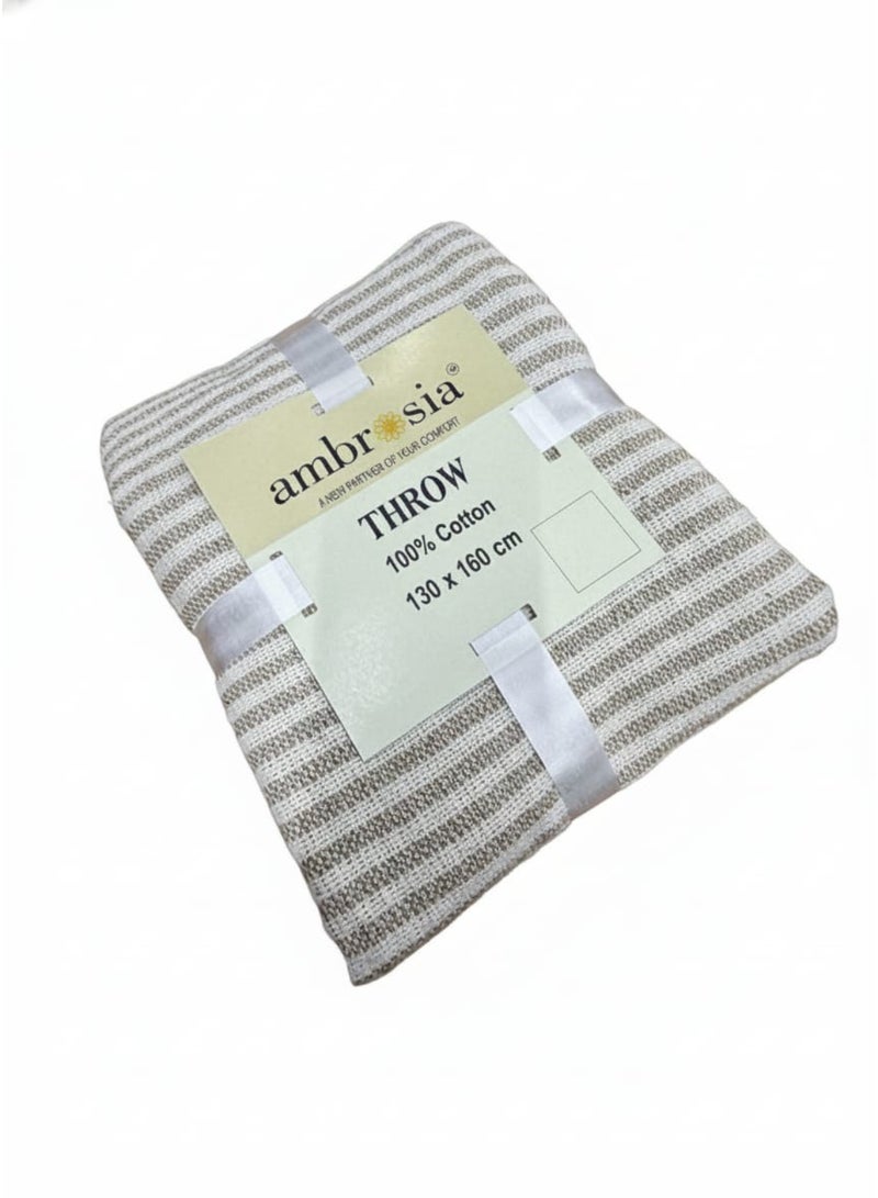 130 x 160 cm Pure Bold Cotton Throw Blanket in Striped Beige for Sofa Couch and Bed 400GSM Textured Decorative Boho Couch Cover